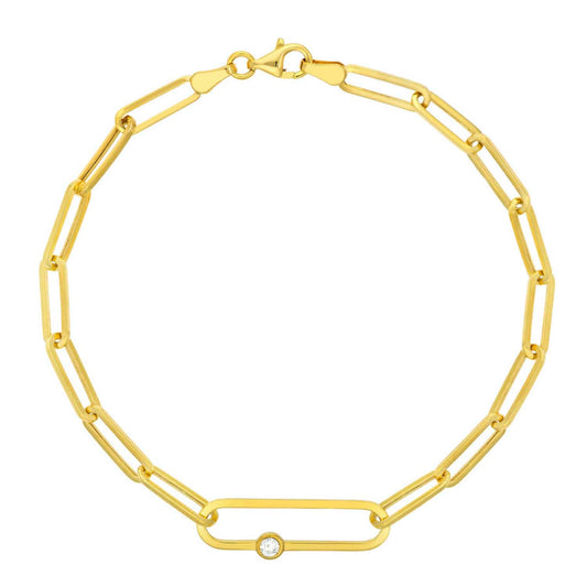 0.06CT Natural Diamond 14K Yellow Gold Bezel Paperclip Bracelet (Solid Links) 7.75"
