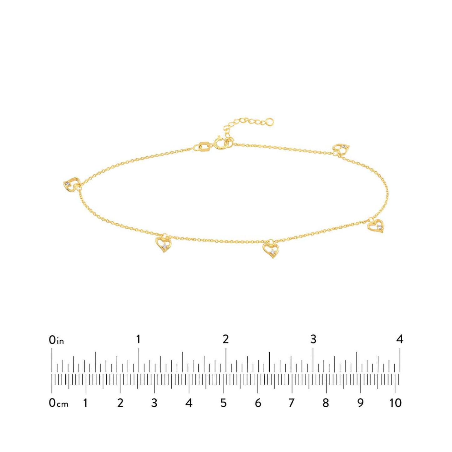 14K Real Gold Yellow CZ Open Heart Dangle Anklet Bracelet 9"-10" Adjus