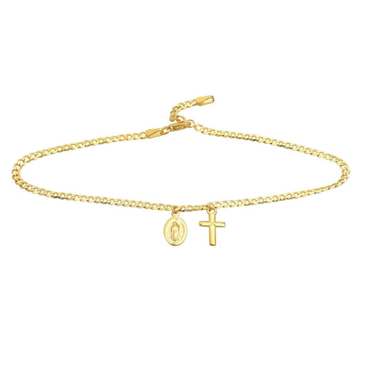 14K Yellow Gold Virgin Mary Cross Dangle Curb Anklet (Solid Links) 9"-10" Adjustable