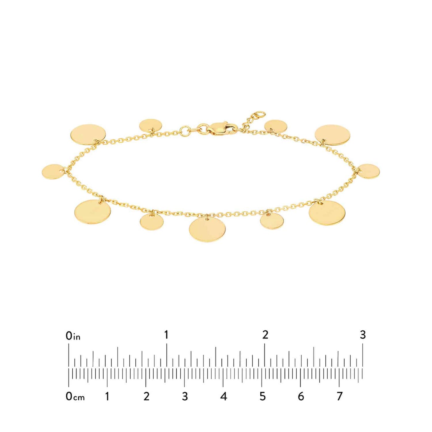 14K Gold Yellow Two-Sized Dangle Discs Bracelet 7"-7.5" Adjustable