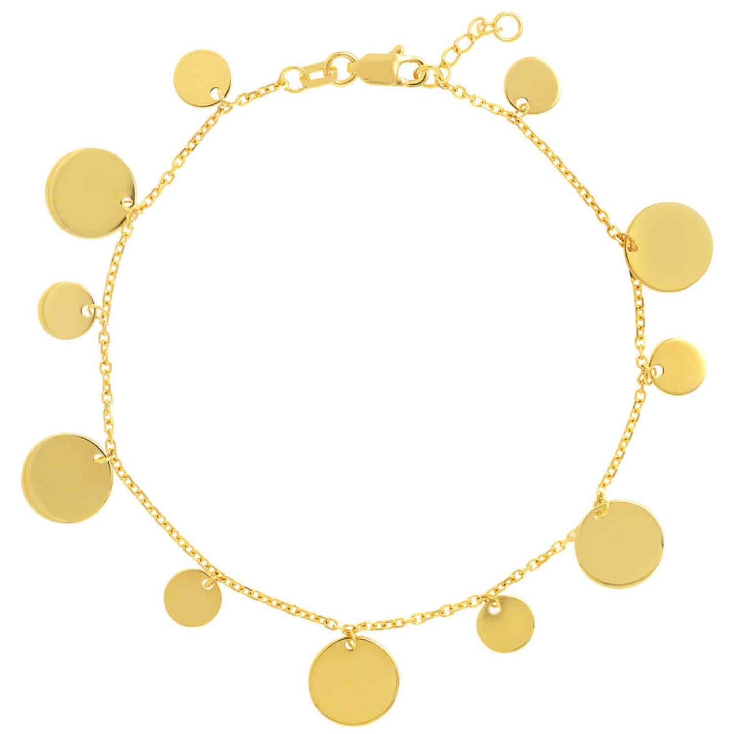 14K Gold Yellow Two-Sized Dangle Discs Bracelet 7"-7.5" Adjustable