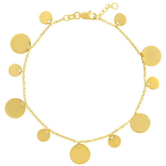14K Yellow Gold Two-Sized Dangle Discs Bracelet (Solid Links) 7"-7.5" Adjustable