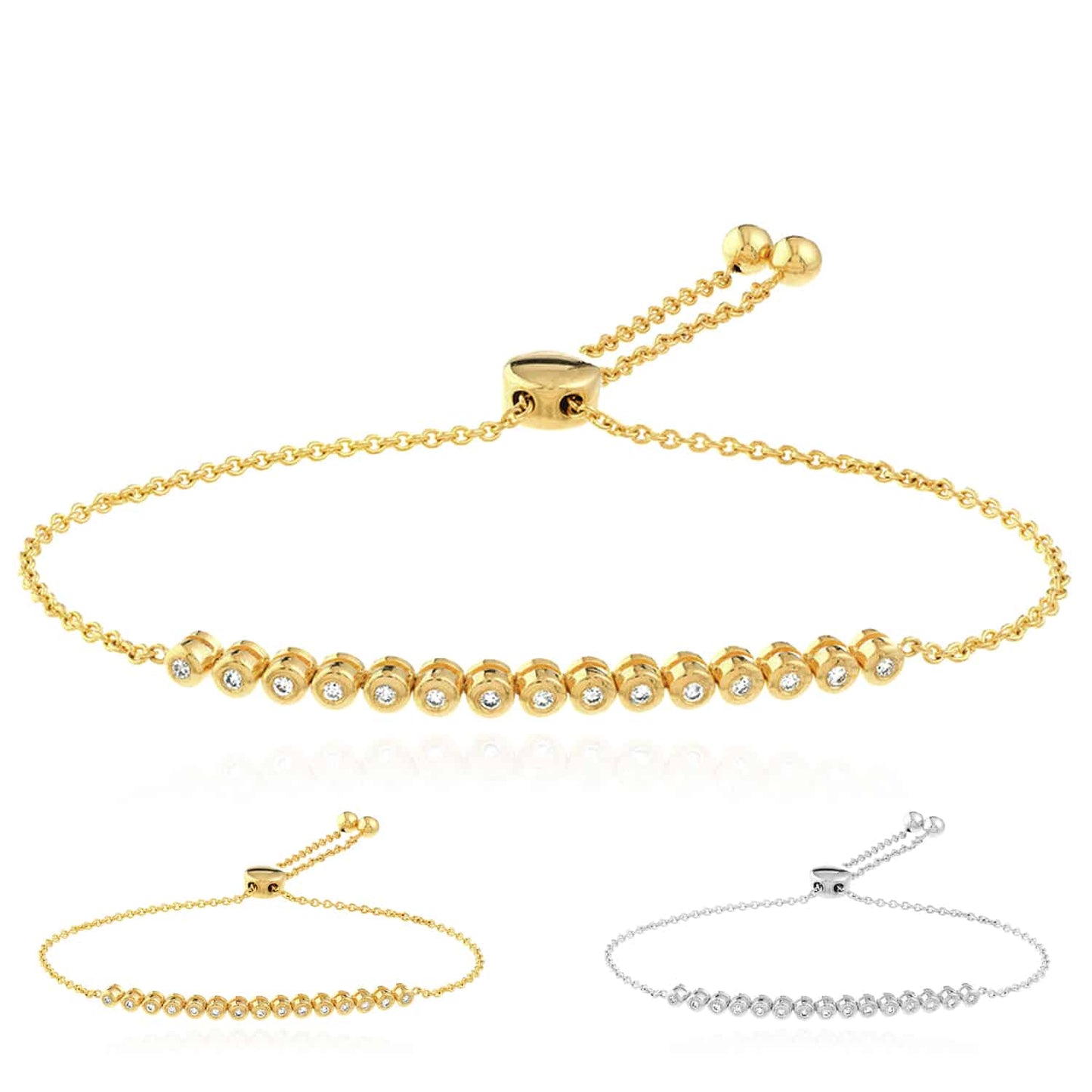 0.20CTW Real Diamond 14K Real Gold Yellow White Tennis Bolo Bracelet 9.5" Adjust.