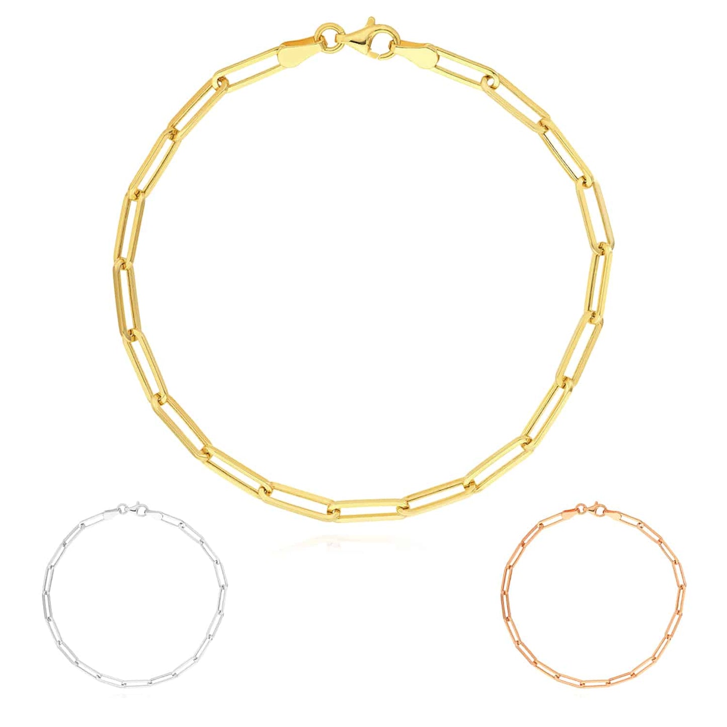 14K Real Gold Yellow White Rose 3.8mm Paperclip Bracelet 8"