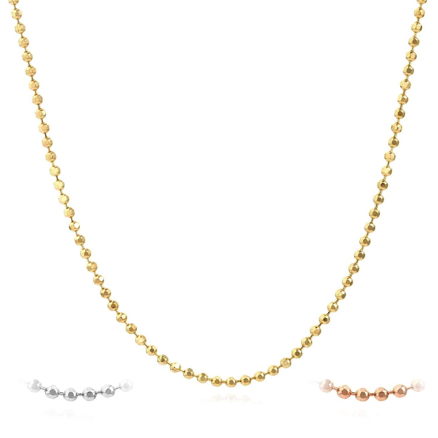 14K Real Gold White Rose 1.15mm Diamond-Cut Ball Bead Chain Necklace 16"-20"
