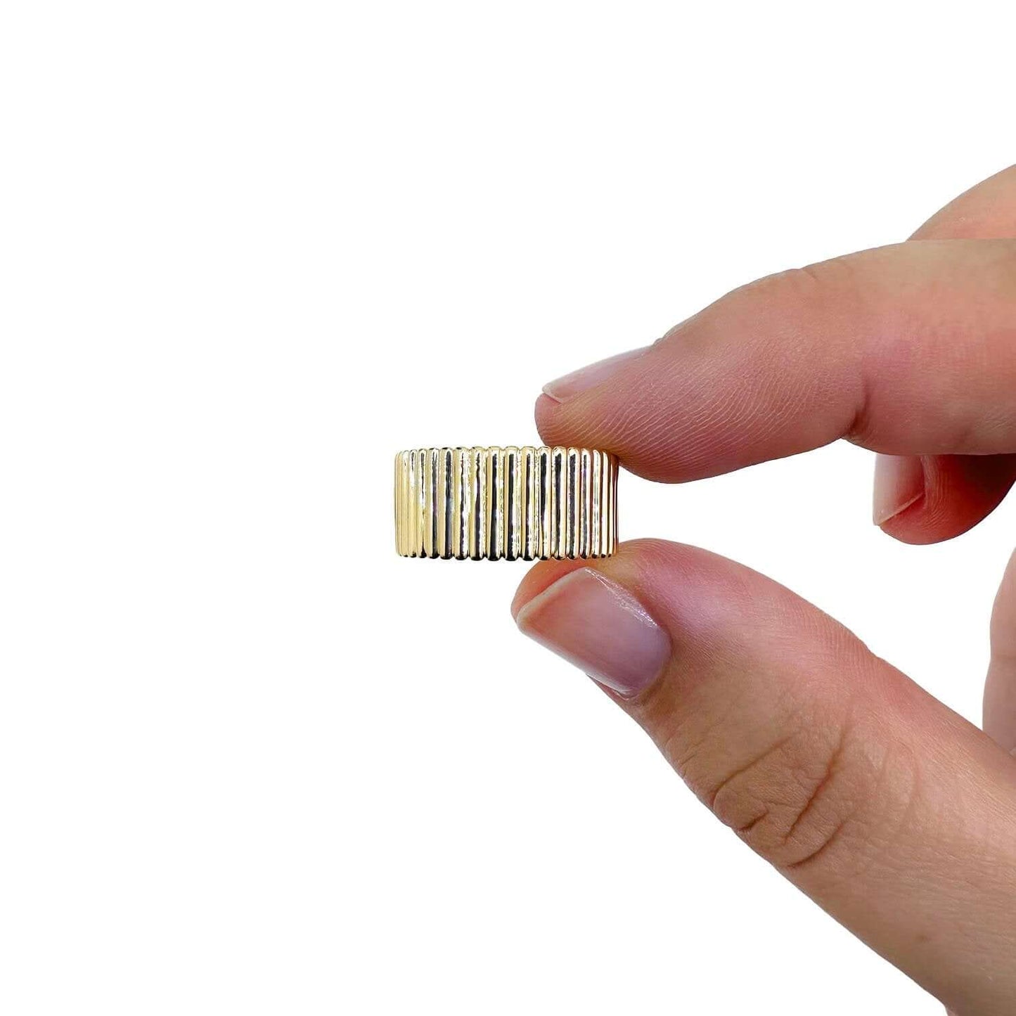 14K Real Gold Ribbed Cigar Wide Band Ring