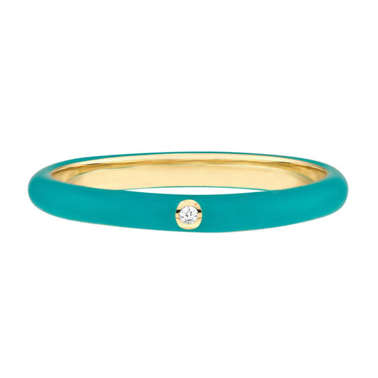 0.02CT Natural Diamond 14K Yellow Gold Teal Enamel Band Ring