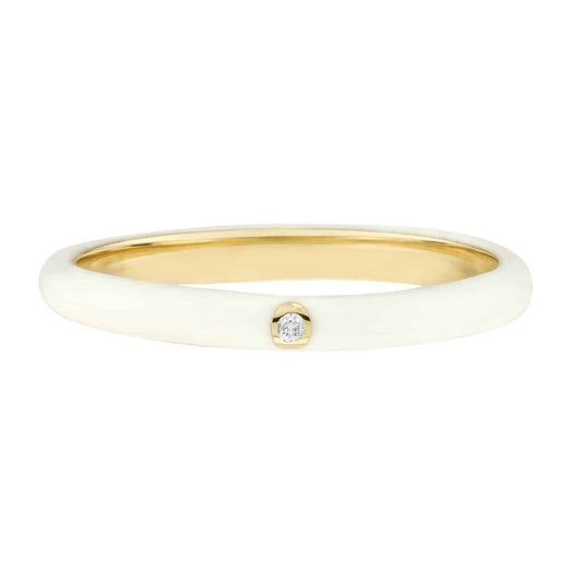 0.02CT Natural Diamond 14K Yellow Gold White Enamel Band Ring