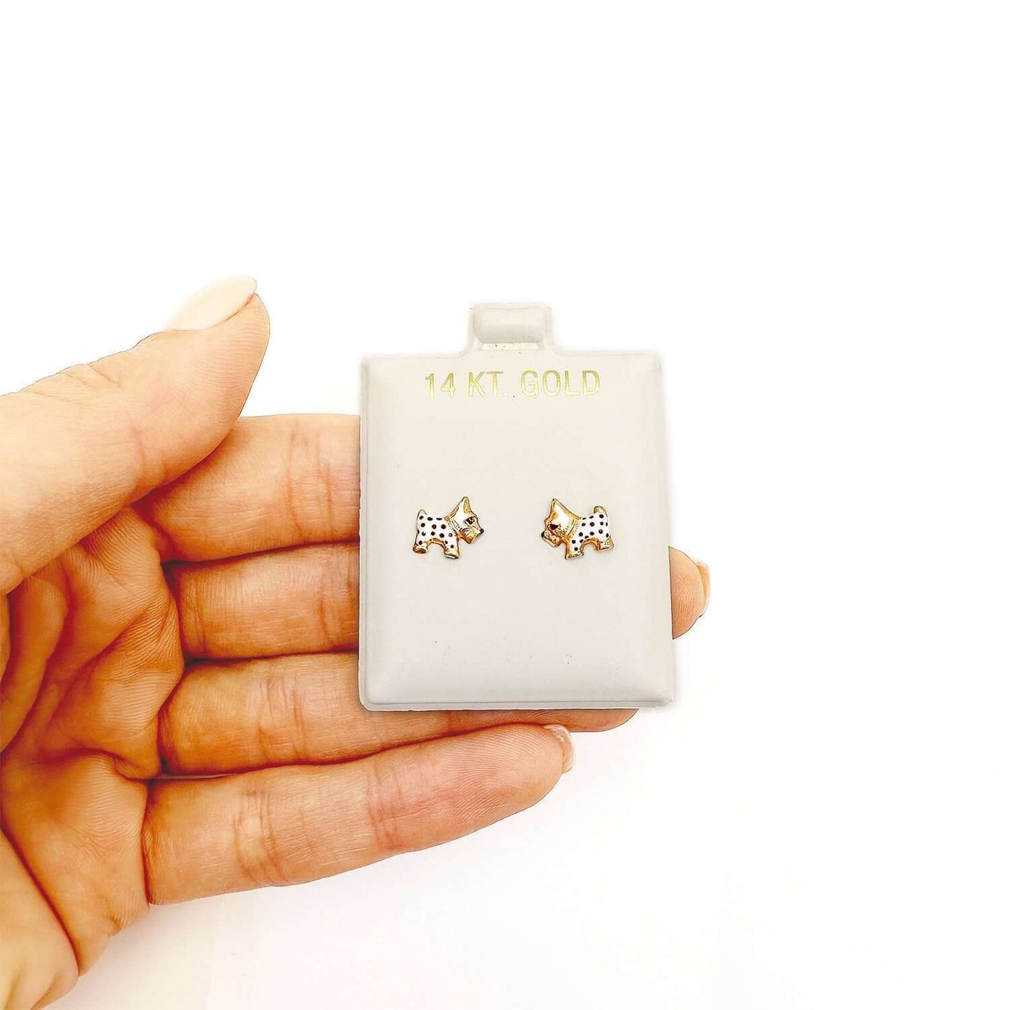 Kid's 14K Real Gold White Enamel Dog Screw Back Stud Earrings 7.5mm