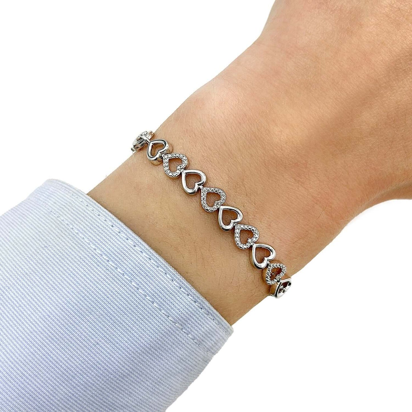 0.05CTW Real Diamond Sterling Silver Hearts Alternating Links Bracelet 7"