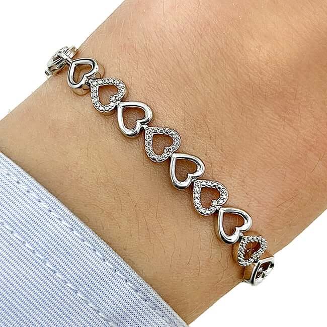 0.05CTW Real Diamond Sterling Silver Hearts Alternating Links Bracelet 7"