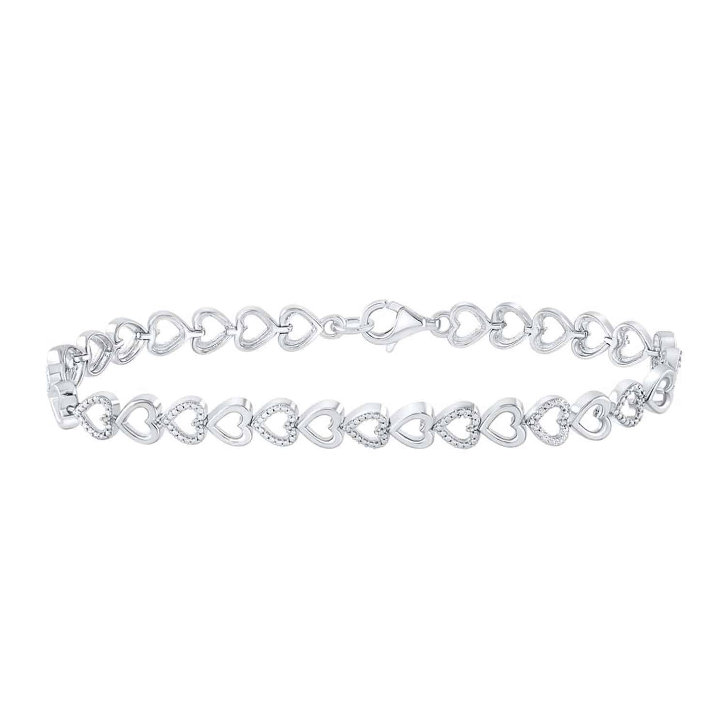 0.05CTW Real Diamond Sterling Silver Hearts Alternating Links Bracelet 7"
