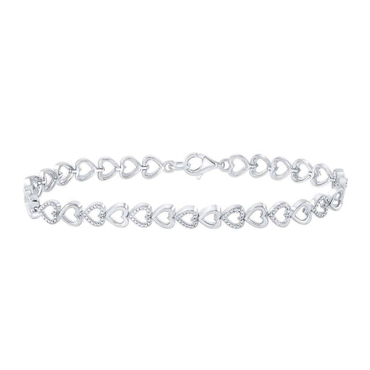 0.05CTW Natural Diamond Sterling Silver Hearts Alternating Links Bracelet (Solid Links) 7"