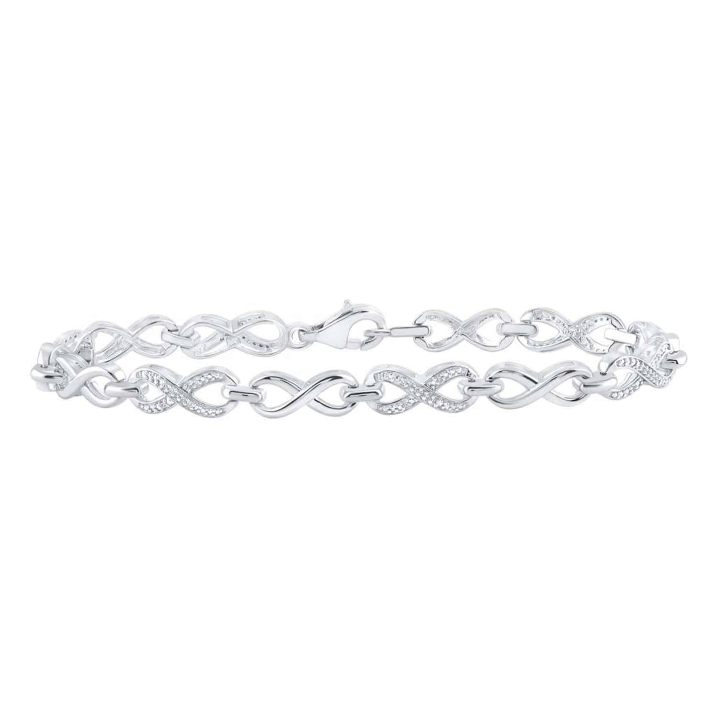 0.10CTW Real Diamond Sterling Silver Alternating Links Infinity Bracelet 7"