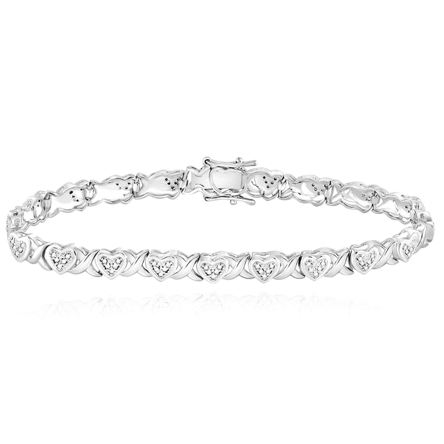 0.25CTW Real Diamond 7mm Sterling Silver Heart XO Tennis Bracelet 7"