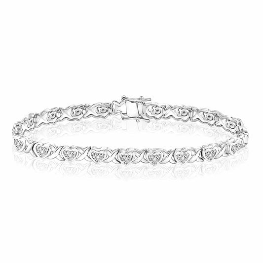 0.25CTW Natural Diamond Sterling Silver 7.5mm Round Heart Tennis Bracelet 7"
