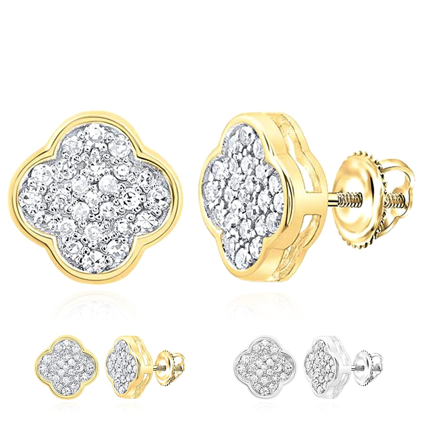 0.16CTW Real Diamond 10K Gold Yellow White Clover Stud Screw Back Earrings