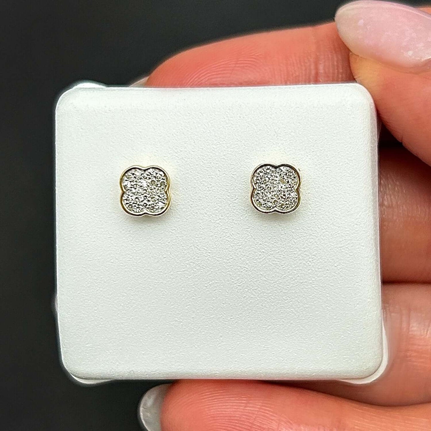 0.16CTW Natural Diamond 10K Gold Yellow White Clover Stud Screw Back Earrings