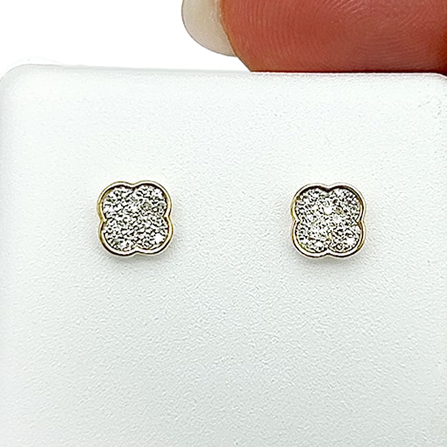 0.16CTW Real Diamond 10K Gold Yellow White Clover Stud Screw Back Earrings