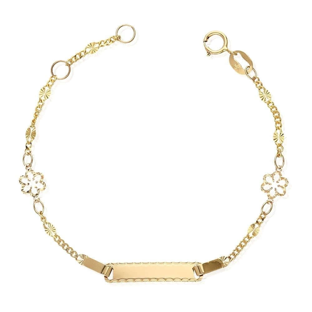 Kids 14K Yellow Gold Diamond-Cut Flower Fancy Curb Baby ID Bracelet 4.75"-5.5" Adjustable