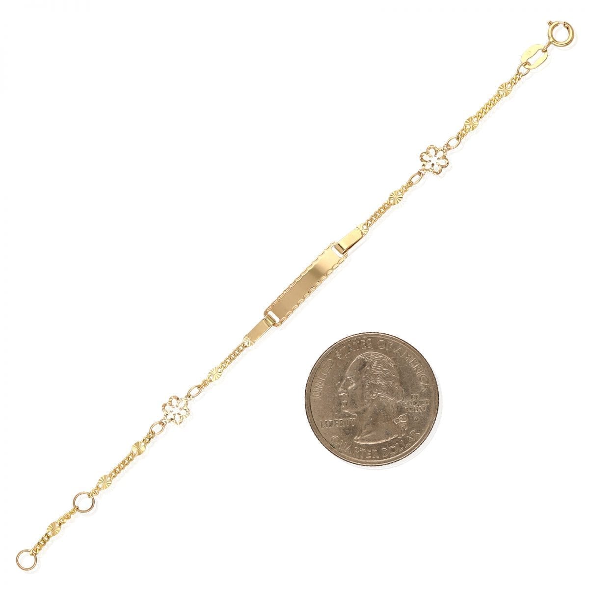 Kid's 14k Yellow Gold Diamond Cut Flower Fancy Curb Baby ID Bracelet 4.75"-5.5"