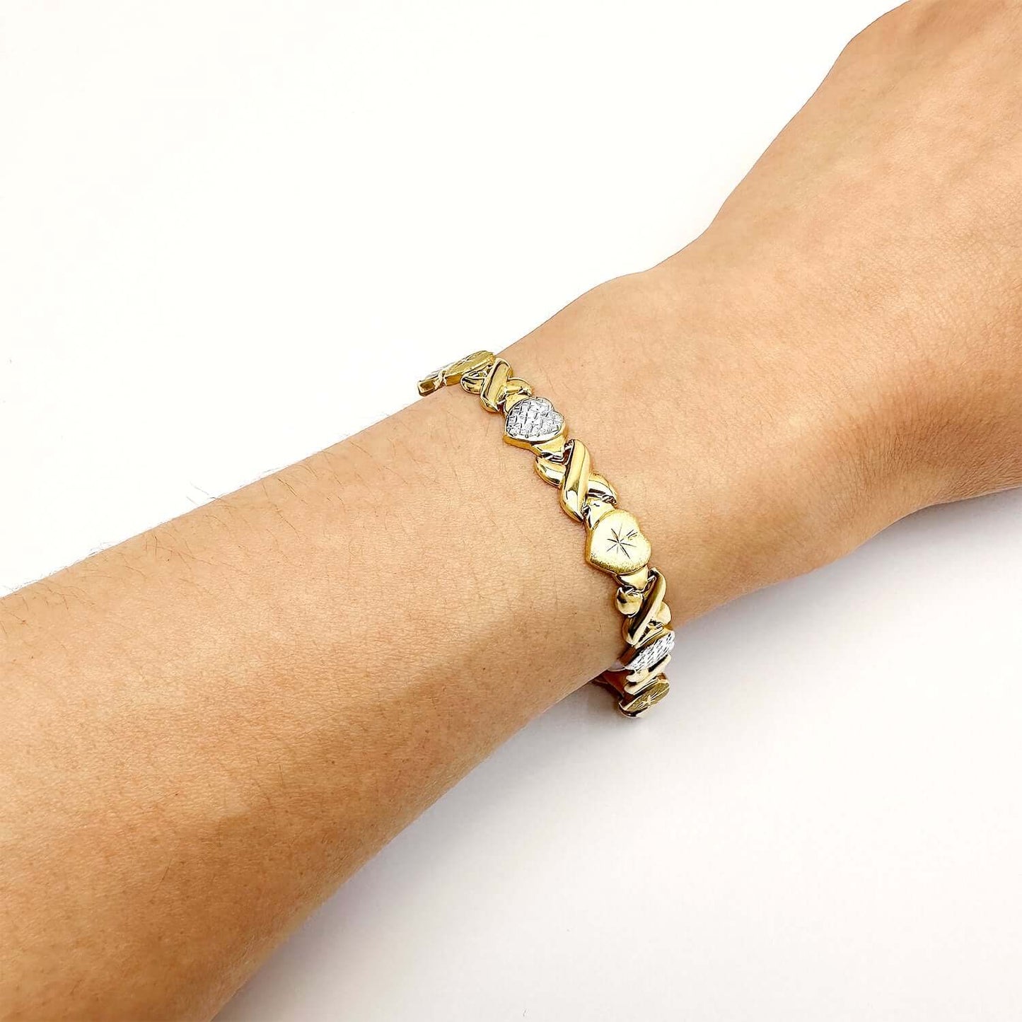 10K Gold Two-Tone Yellow White 8mm Diamond-Cut Stampato Hearts XO Bracelet 7.5"