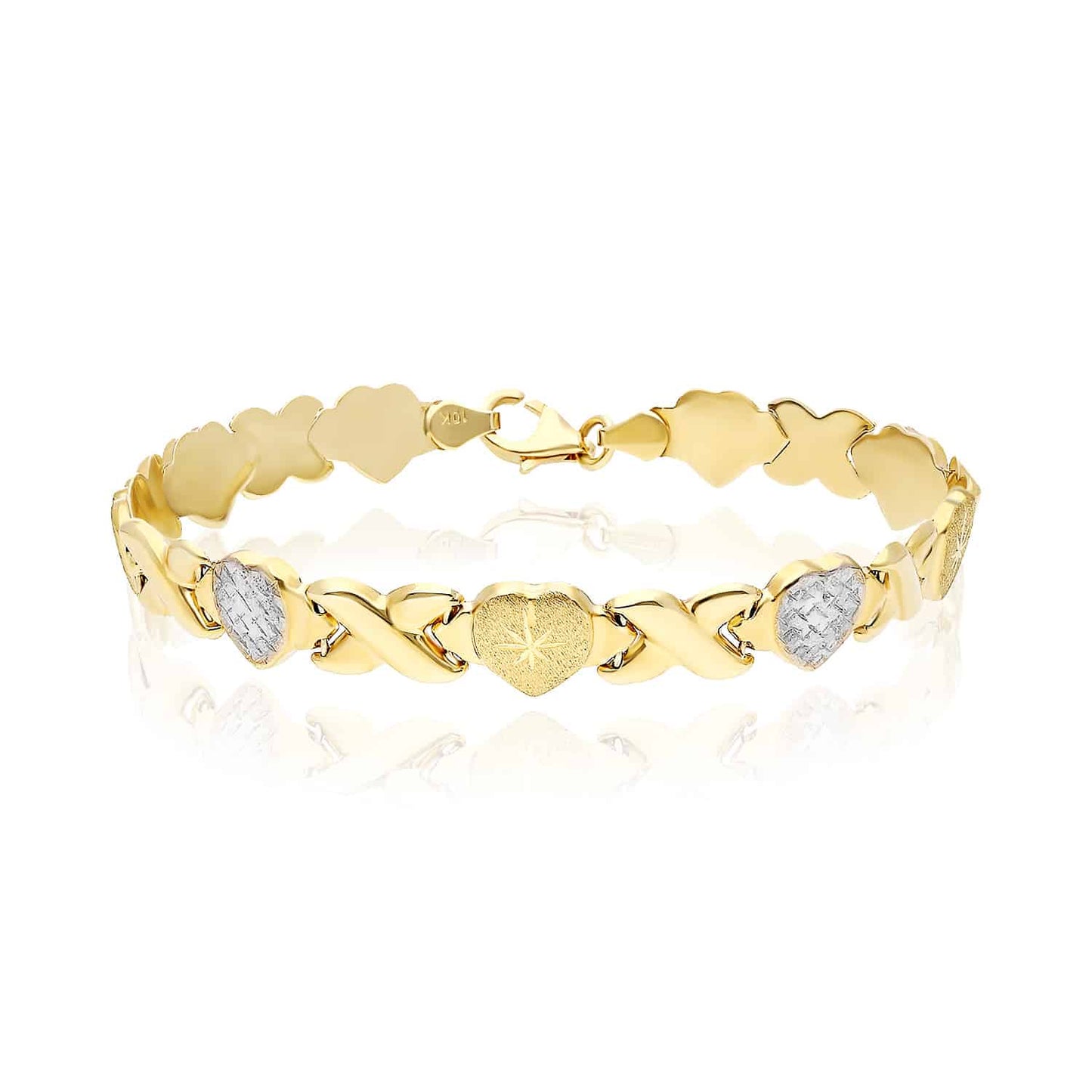 10K Gold Two-Tone Yellow White 8mm Diamond-Cut Stampato Hearts XO Bracelet 7.5"