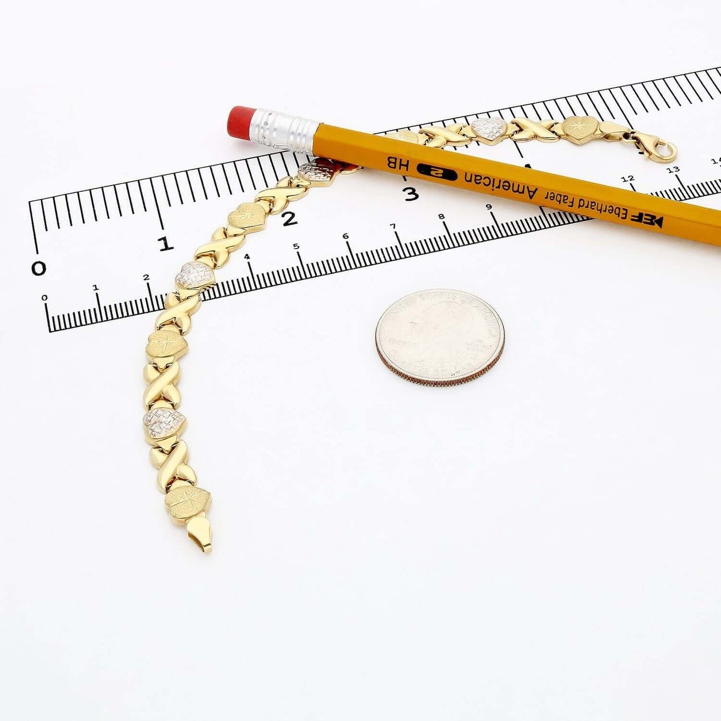 10K Gold Two-Tone Yellow White 8mm Diamond-Cut Stampato Hearts XO Bracelet 7.5"