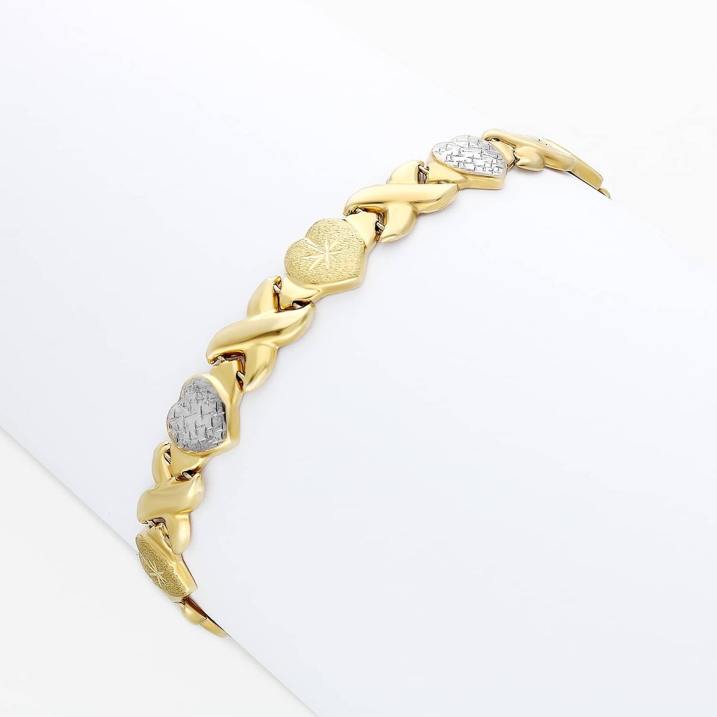 10K Gold Two-Tone Yellow White 8mm Diamond-Cut Stampato Hearts XO Bracelet 7.5"