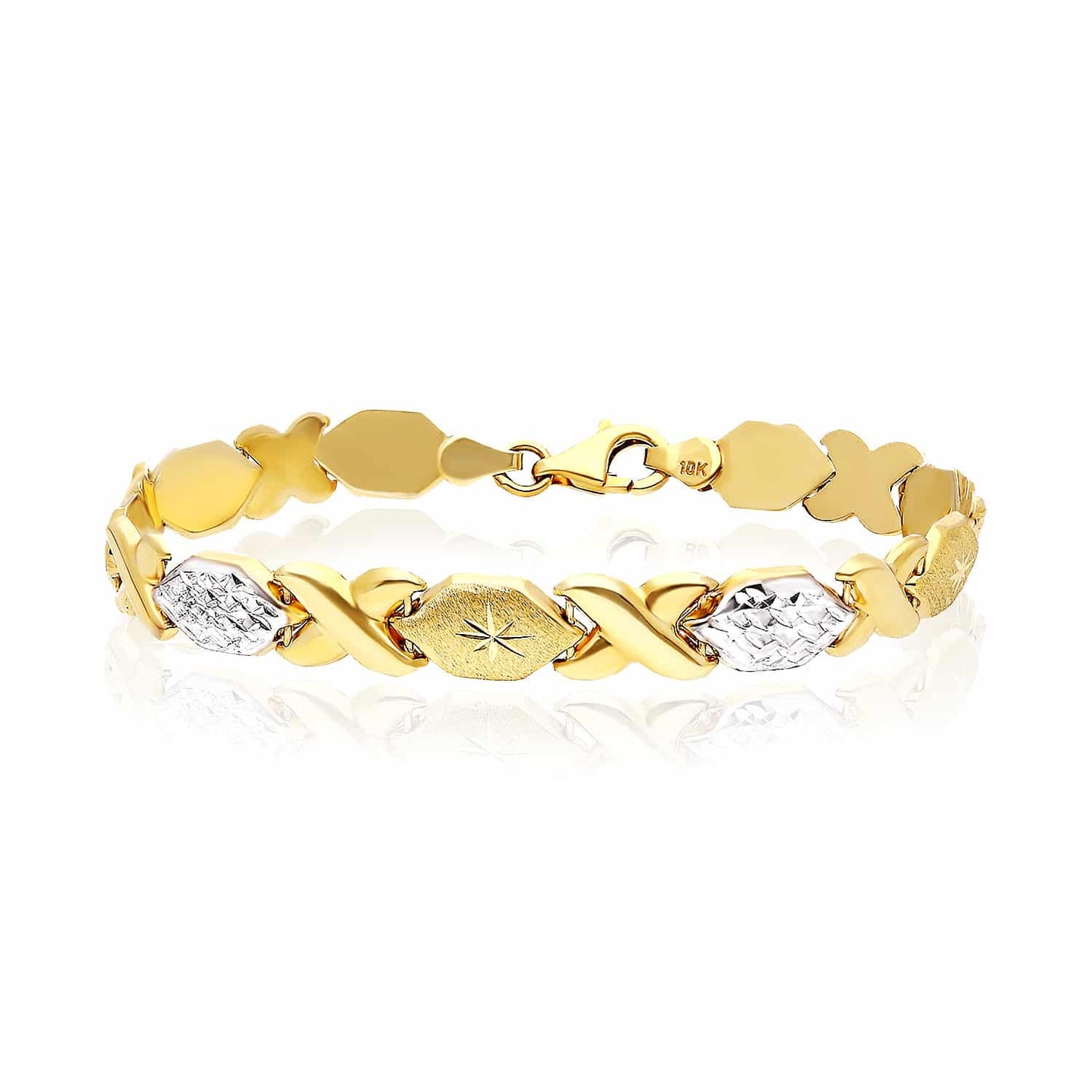 10K Gold Two-Tone Yellow White 7mm Diamond-Cut XO Stampato Bracelet 7.25"