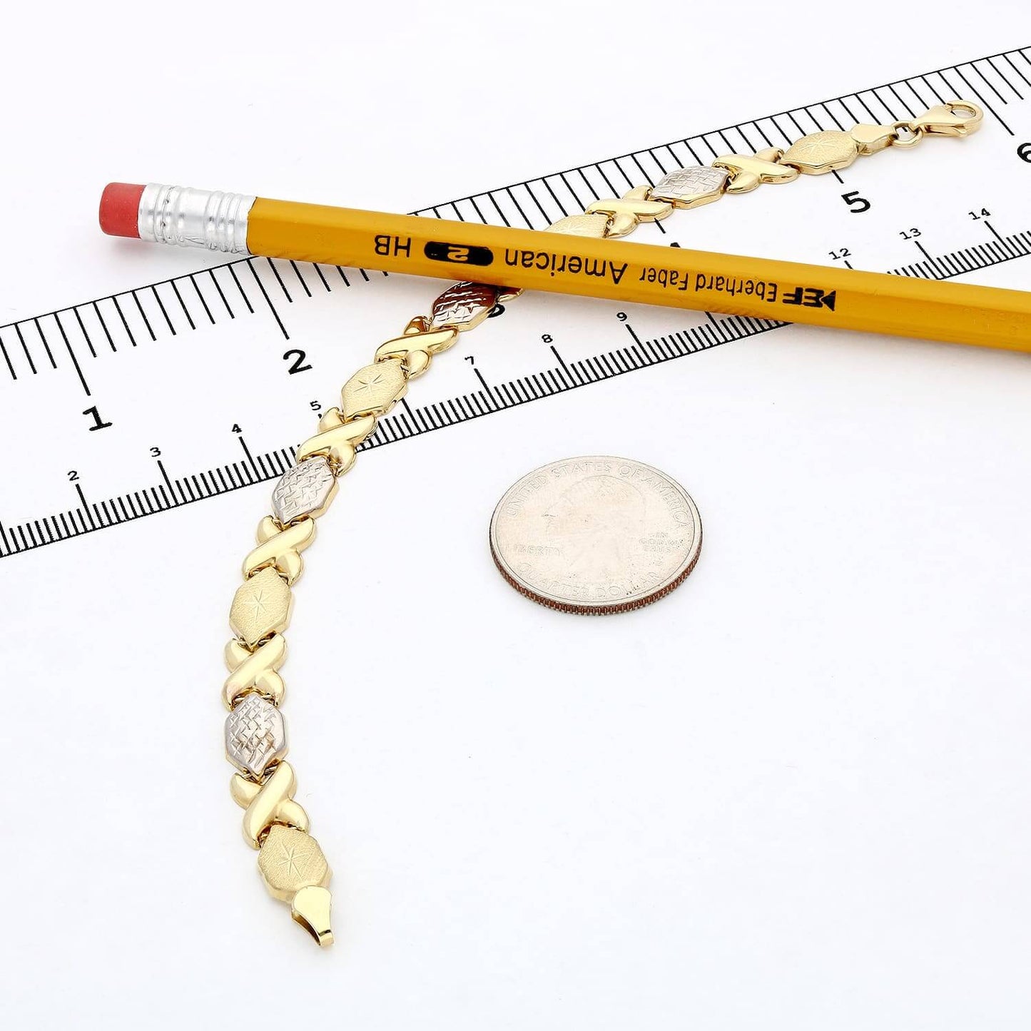 10K Gold Two-Tone Yellow White 7mm Diamond-Cut XO Stampato Bracelet 7.25"
