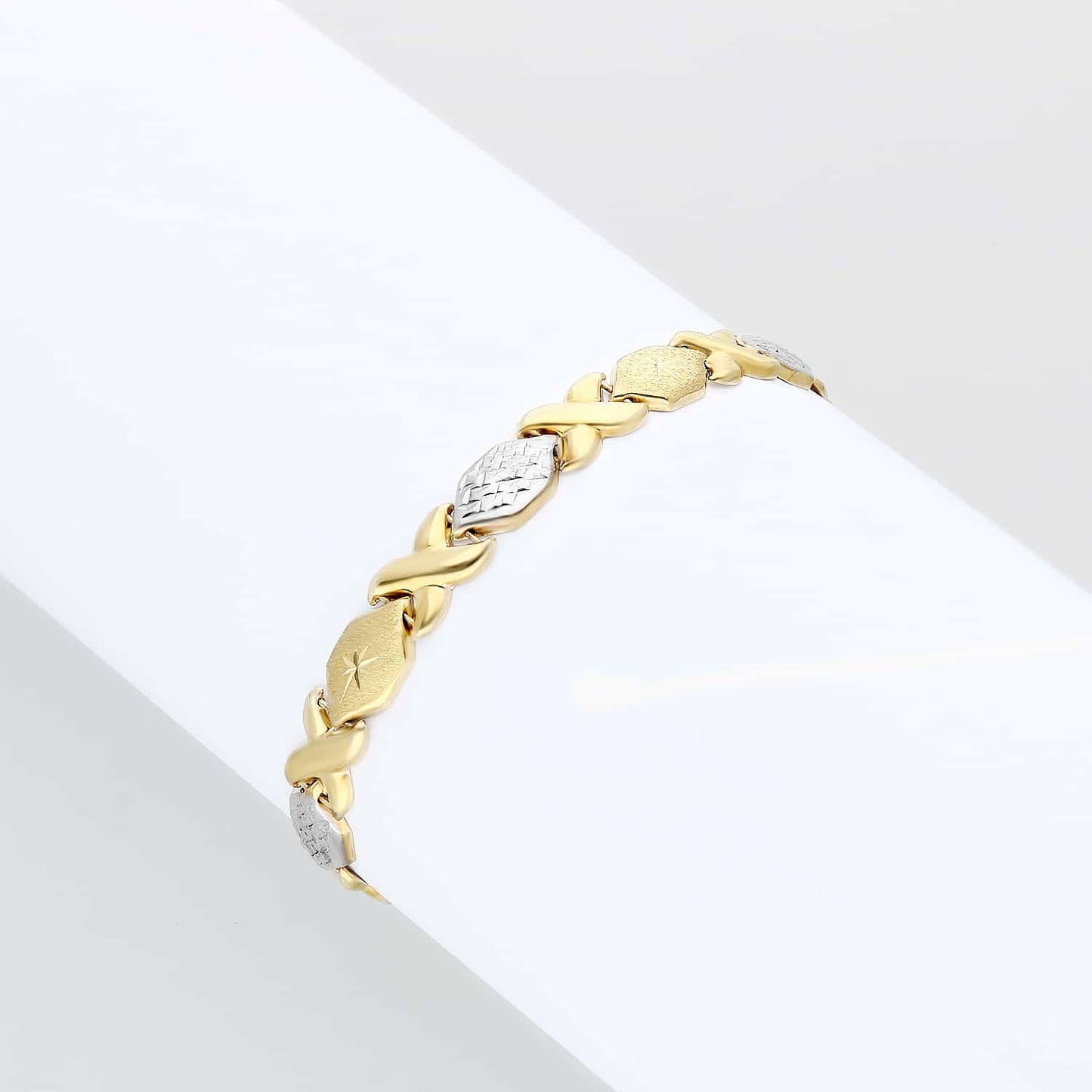 10K Gold Two-Tone Yellow White 7mm Diamond-Cut XO Stampato Bracelet 7.25"