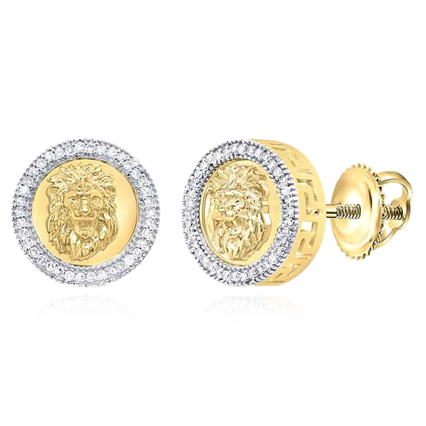 0.25CTW Real Diamond 10K Yellow Gold Lion Face Stud Screw Back Earrings 13mm