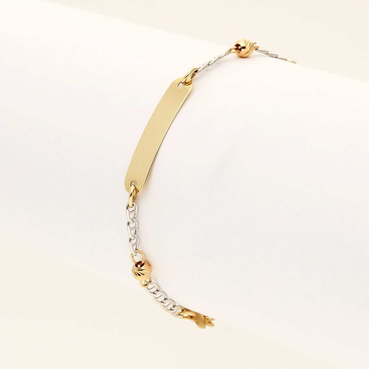 Kids 14K Gold Two-Tone Anchor Mariner Ball Charm ID Bracelet 4.75"-5.25" Adjustable