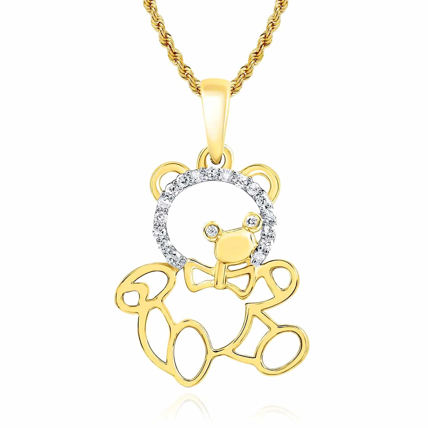 0.05CTW Real Diamond 10K Gold Yellow White Bear Pendant 0.8"