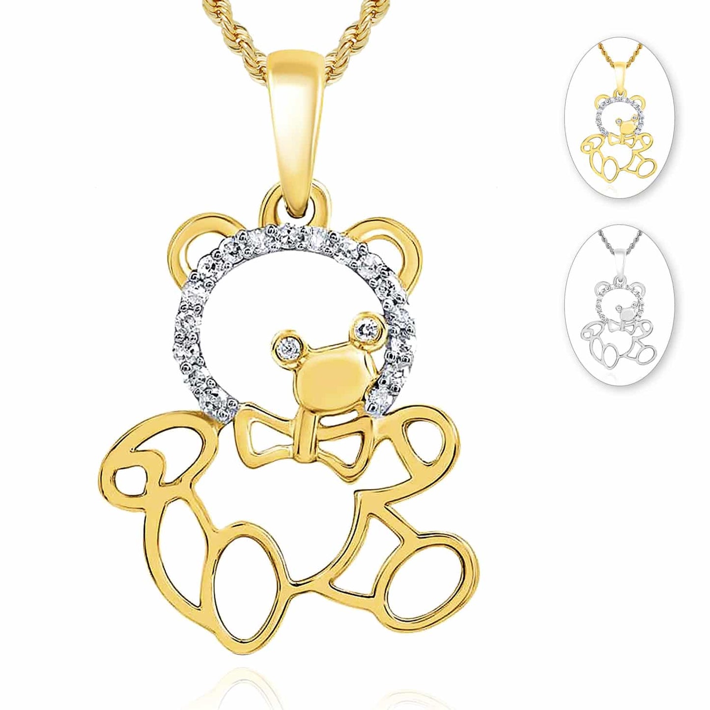 0.05CTW Real Diamond 10K Gold Yellow White Bear Pendant 0.8"