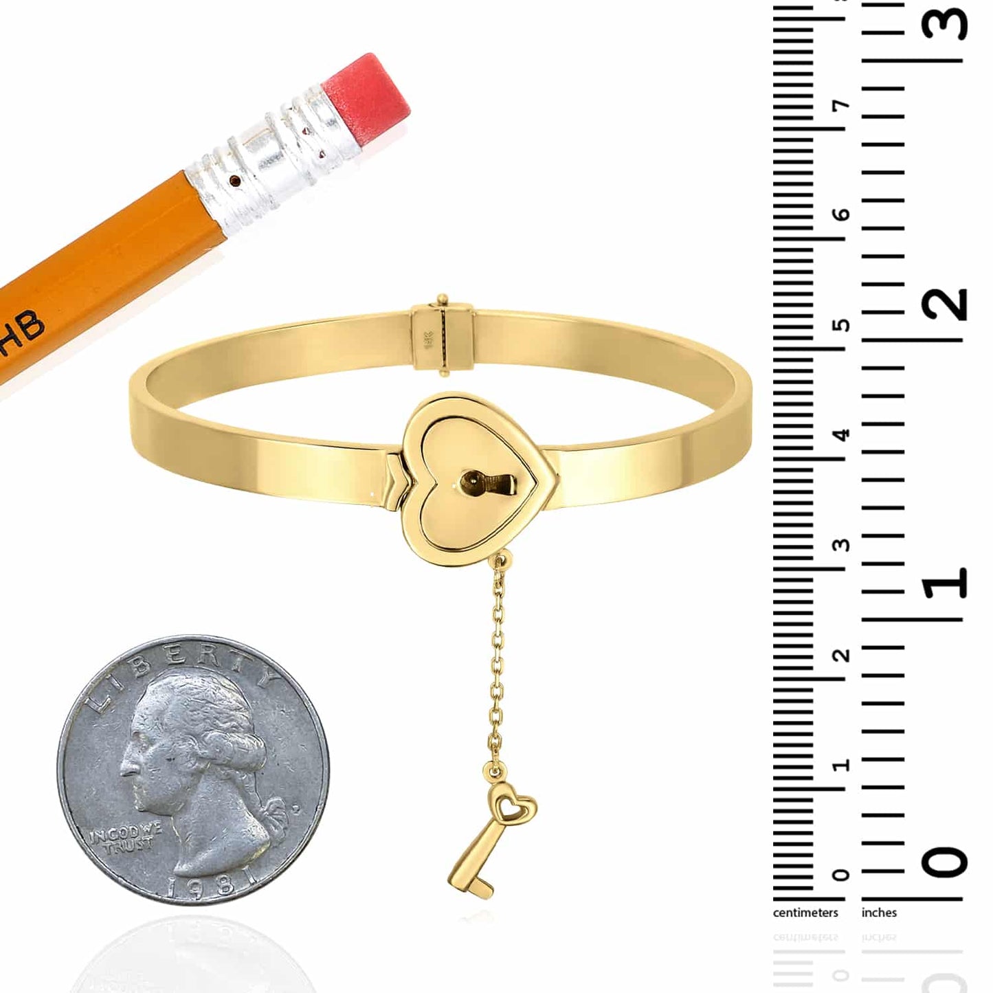 14K Real Gold Yellow 6mm Heart Lock Key On Bangle Bracelet 7"