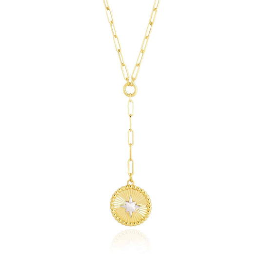 14K Yellow White Gold Two-Tone Star Round Medallion Lariat Necklace (Solid Links) 18"