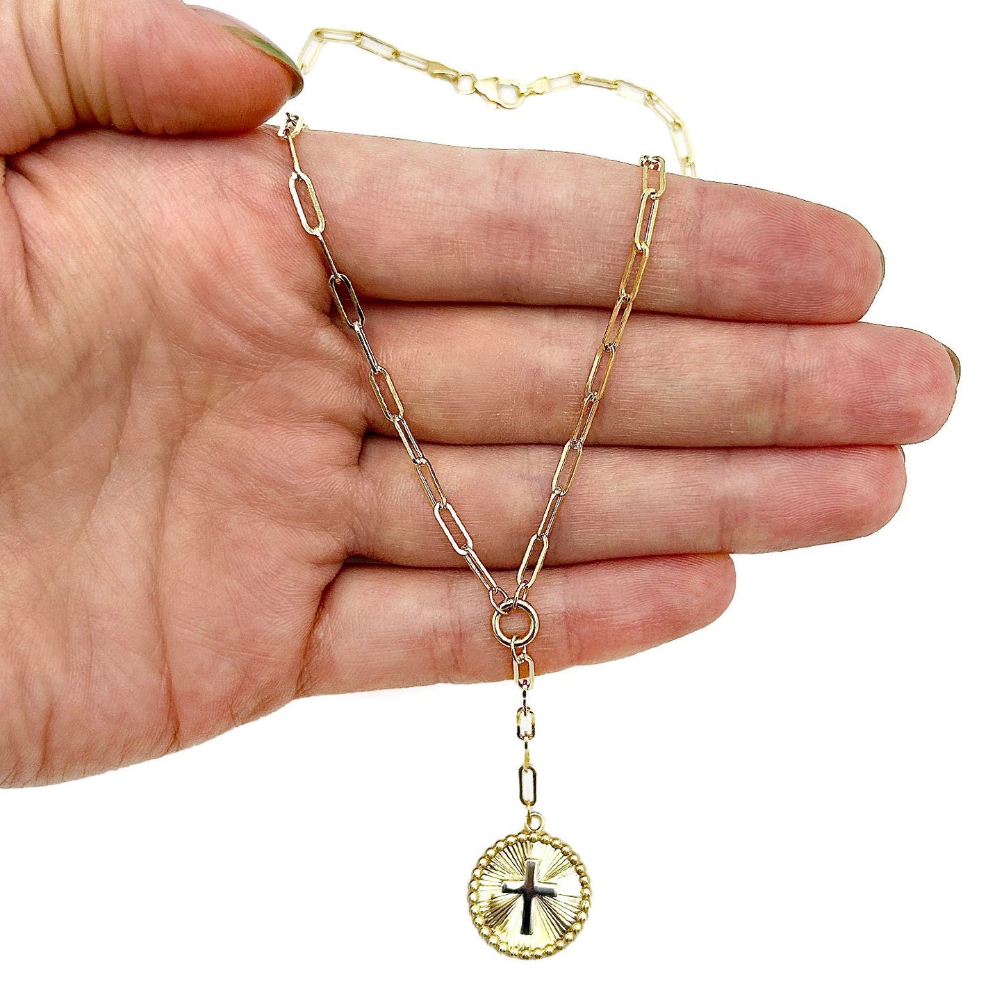 14K Real Gold Two-Tone White Cross Round Medallion Paperclip Necklace 18"