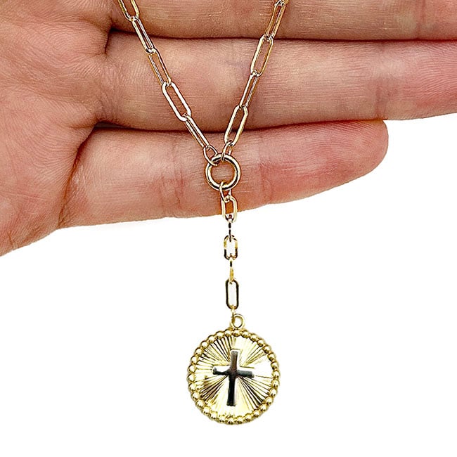 14K Real Gold Two-Tone White Cross Round Medallion Paperclip Necklace 18"