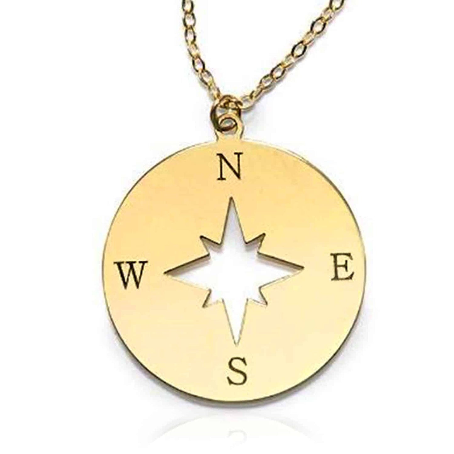 14K Real Gold Compass Rose Disc North Star Round Pendant Cable Necklace 18"