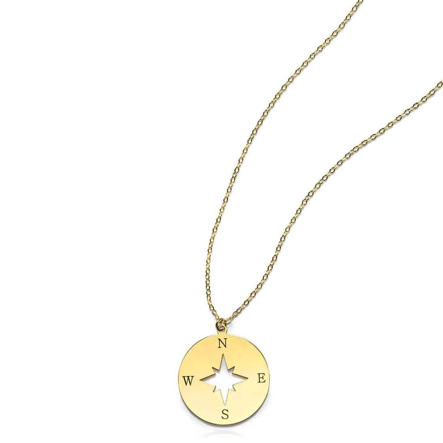 14K Real Gold Compass Rose Disc North Star Round Pendant Cable Necklace 18"