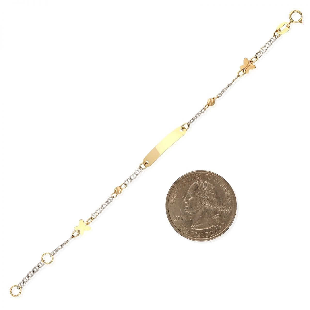 Kids 14K Gold Two-Tone Anchor Mariner Ball Charm ID Bracelet 4.75"-5.25" Adjustable