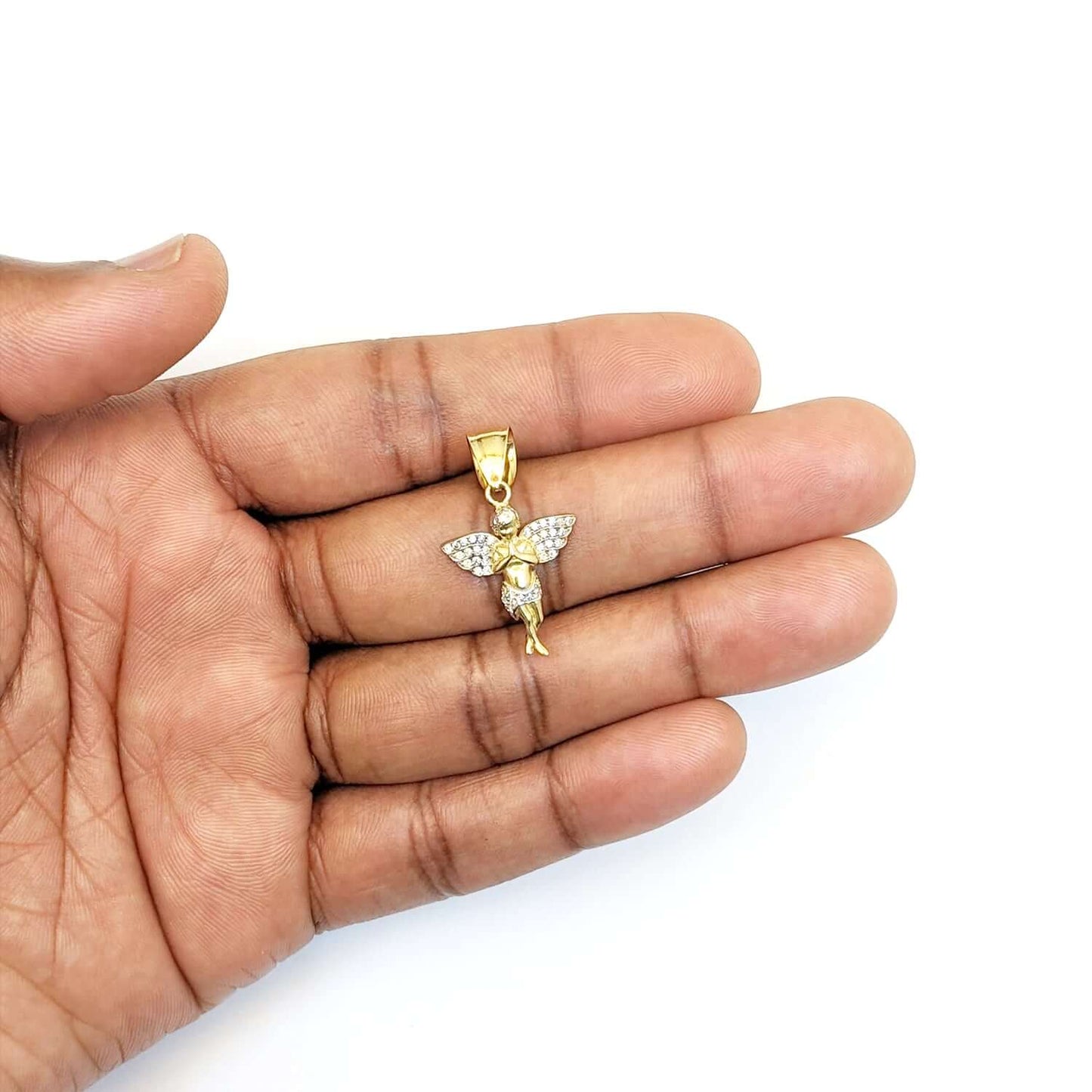 10K Gold Two-Tone Yellow CZ Praying Cherub Angel Pendant 1.2"