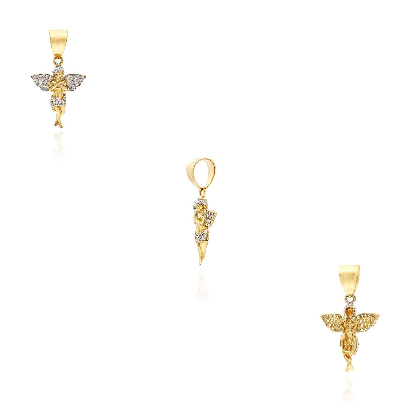 10K Gold Two-Tone Yellow CZ Praying Cherub Angel Pendant 1.2"