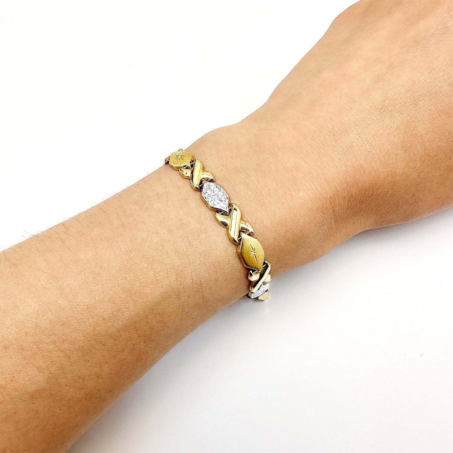 14K Real Gold Two-Tone Yellow White 7mm Satin Stampato XO Bracelet 7.25"
