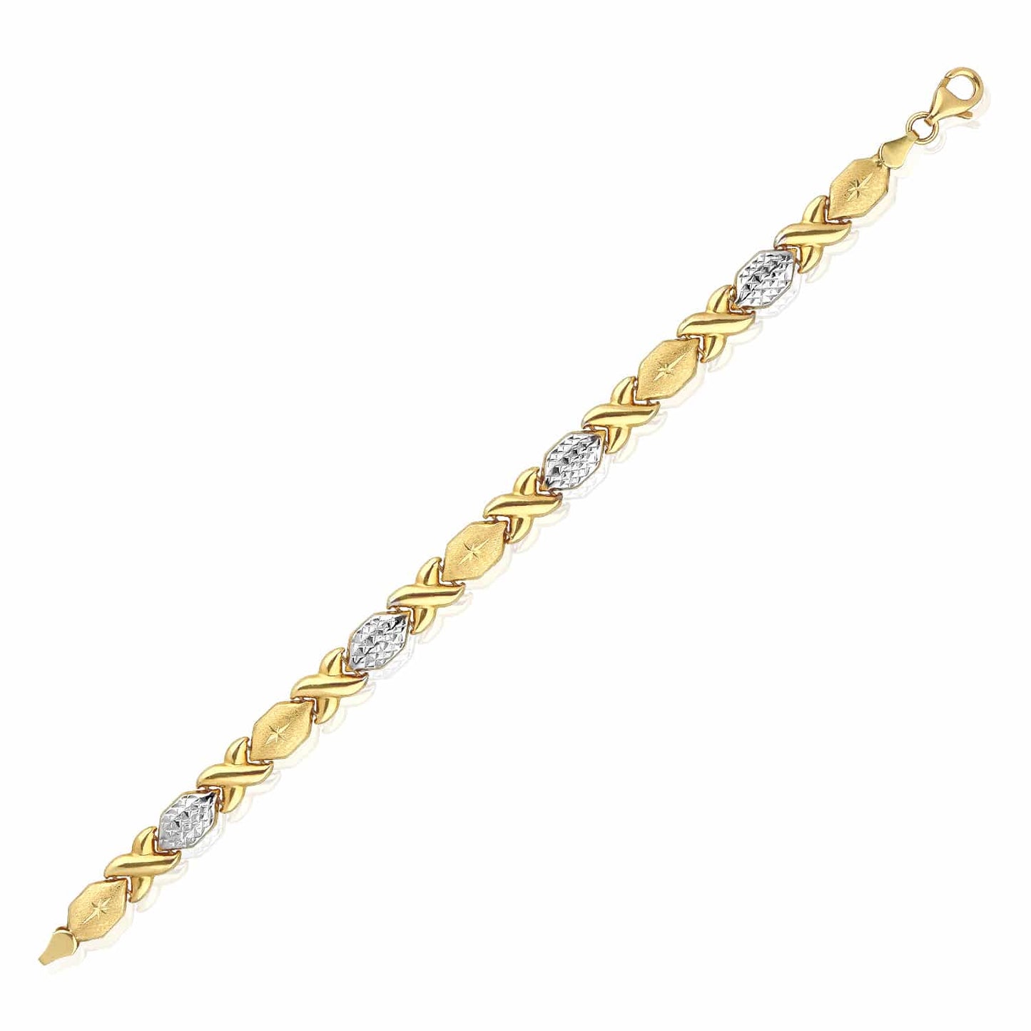 14K Real Gold Two-Tone Yellow White 7mm Satin Stampato XO Bracelet 7.25"