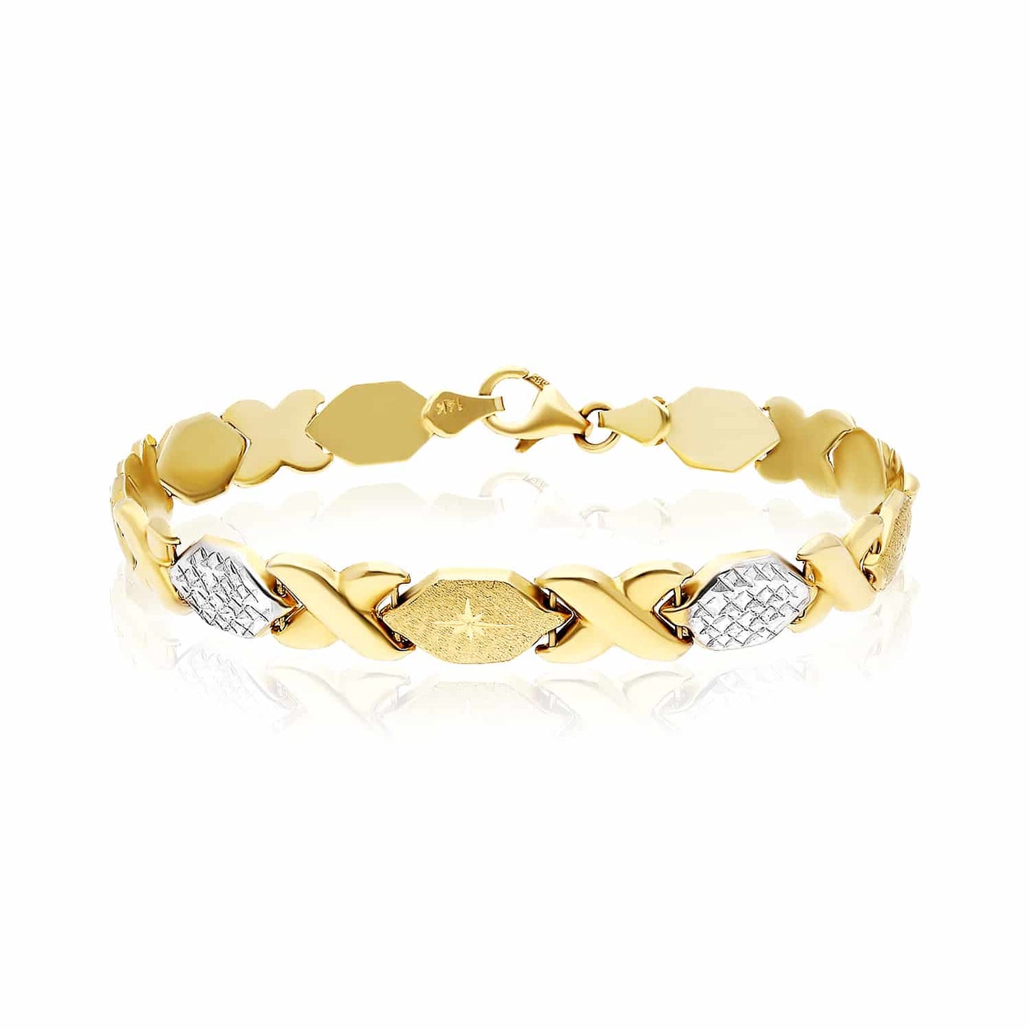 14K Real Gold Two-Tone Yellow White 7mm Satin Stampato XO Bracelet 7.25"
