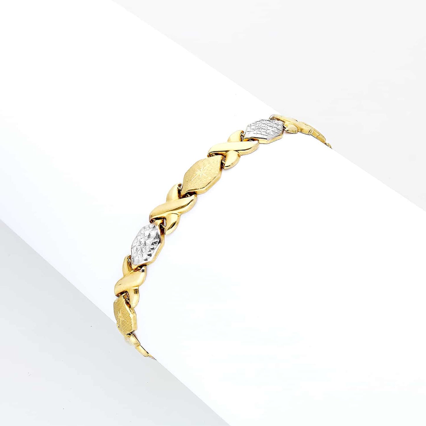 14K Real Gold Two-Tone Yellow White 7mm Satin Stampato XO Bracelet 7.25"