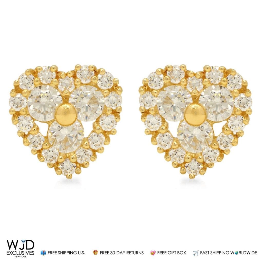 1.20Ct CZ Cluster Heart Stud Earrings 14K Yellow Gold Pushback